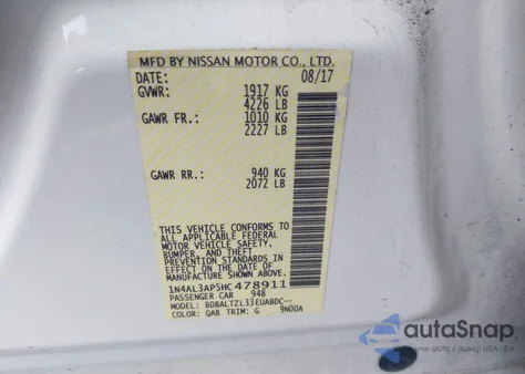 2017 Nissan Altima 2.5 Sl из США, поврежденный, VIN 1N4AL3AP5HC478911